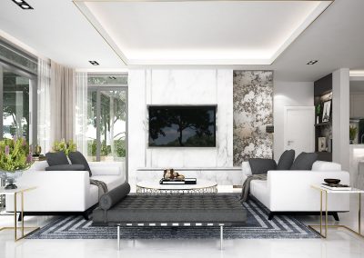 living room with white couches and marble fireplace